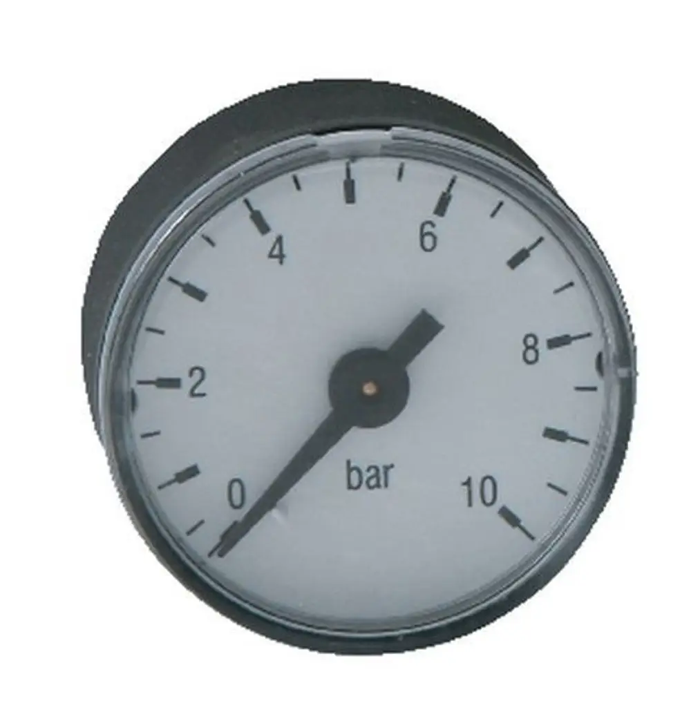 Syr Manometer mit einer Skala von 0 bis 10 bar, unterteilt in Einheiten, auf einem weißen Zifferblatt mit schwarzer Anzeige.